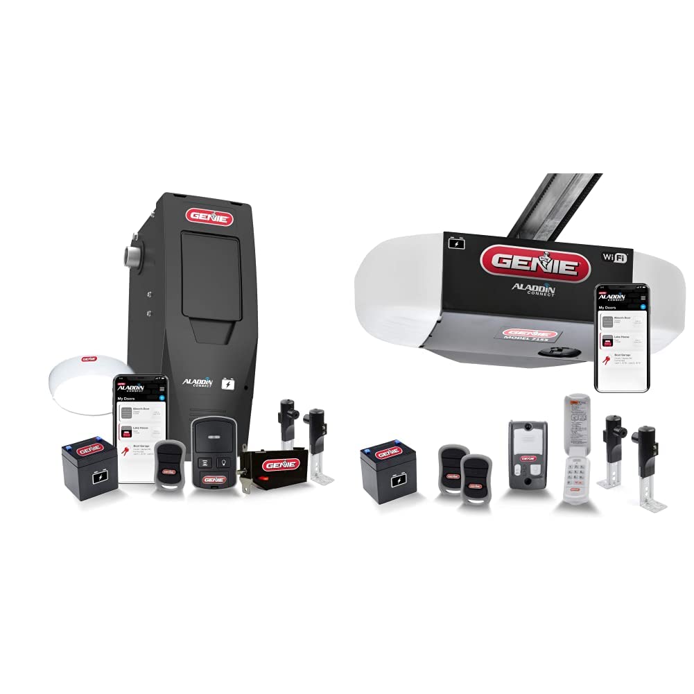 Genie garage door opener with Aladdin Connect, remote controls, and smartphone app interface.