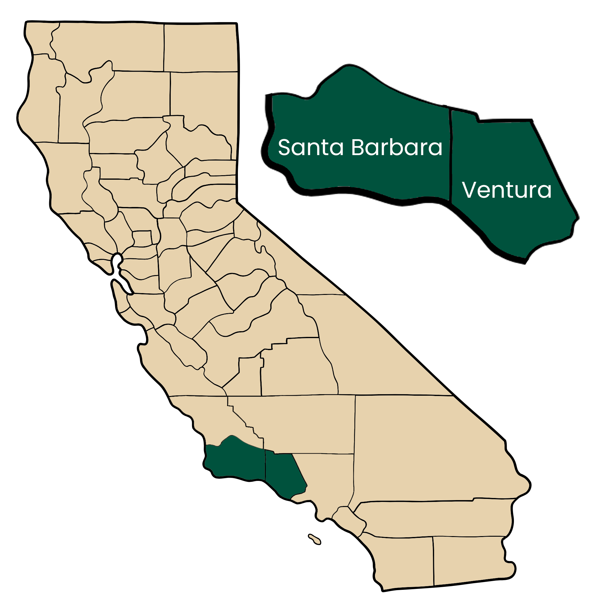 CA Map copy California map highlighting Ventura and Santa Barbara service areas for Precision Garage Door.