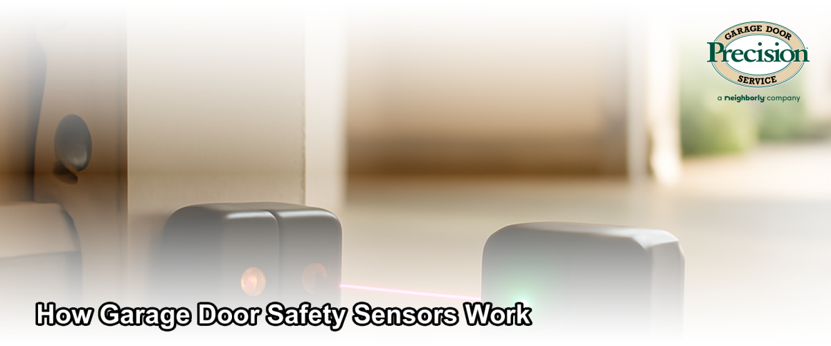 Close-up of garage door photo eye safety sensors mounted on a white garage door track in a residential garage in Ventura, CA