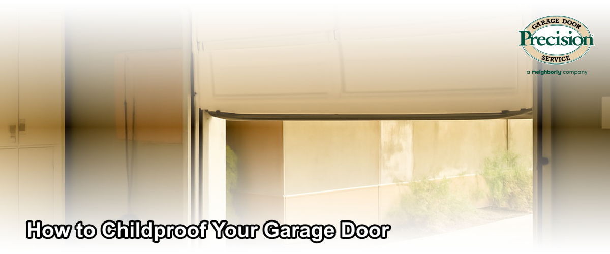 A child-safe garage with a modern garage door, safety sensors visible near the base, and a keypad mounted high on the wall in a sunny Ventura home.