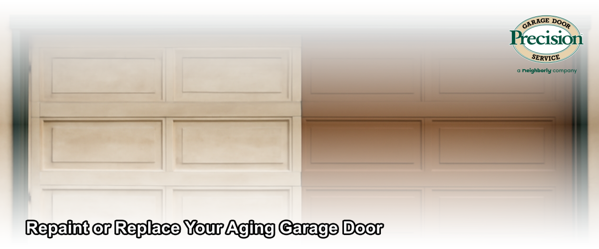 A weathered residential garage door being freshly repainted in a California coastal neighborhood