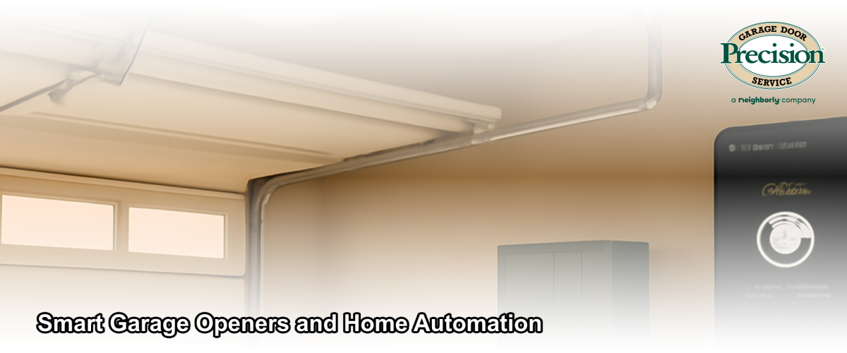 A modern smart garage door opener with a smartphone app interface displayed in a clean, well-lit residential garage in Ventura, California