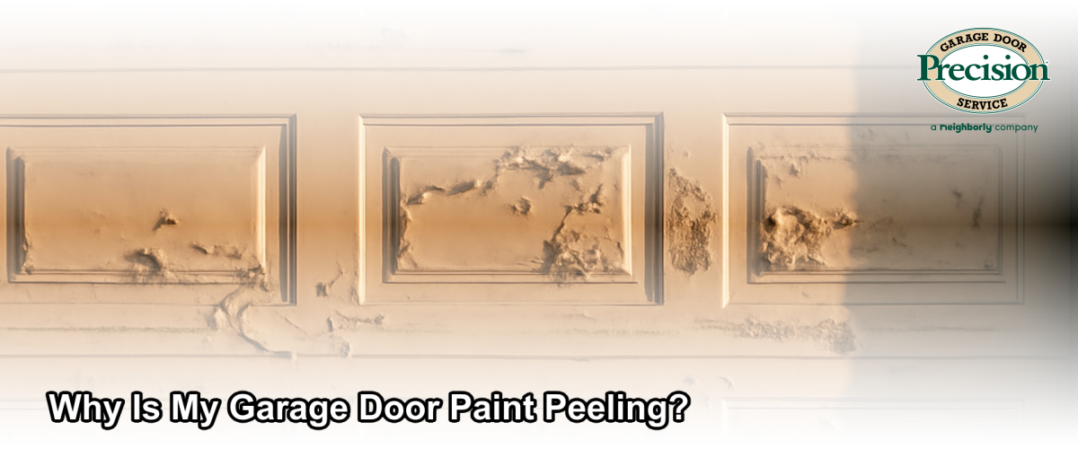 Close-up of peeling paint on a residential garage door in Ventura, CA showing bubbling and flaking surface damage